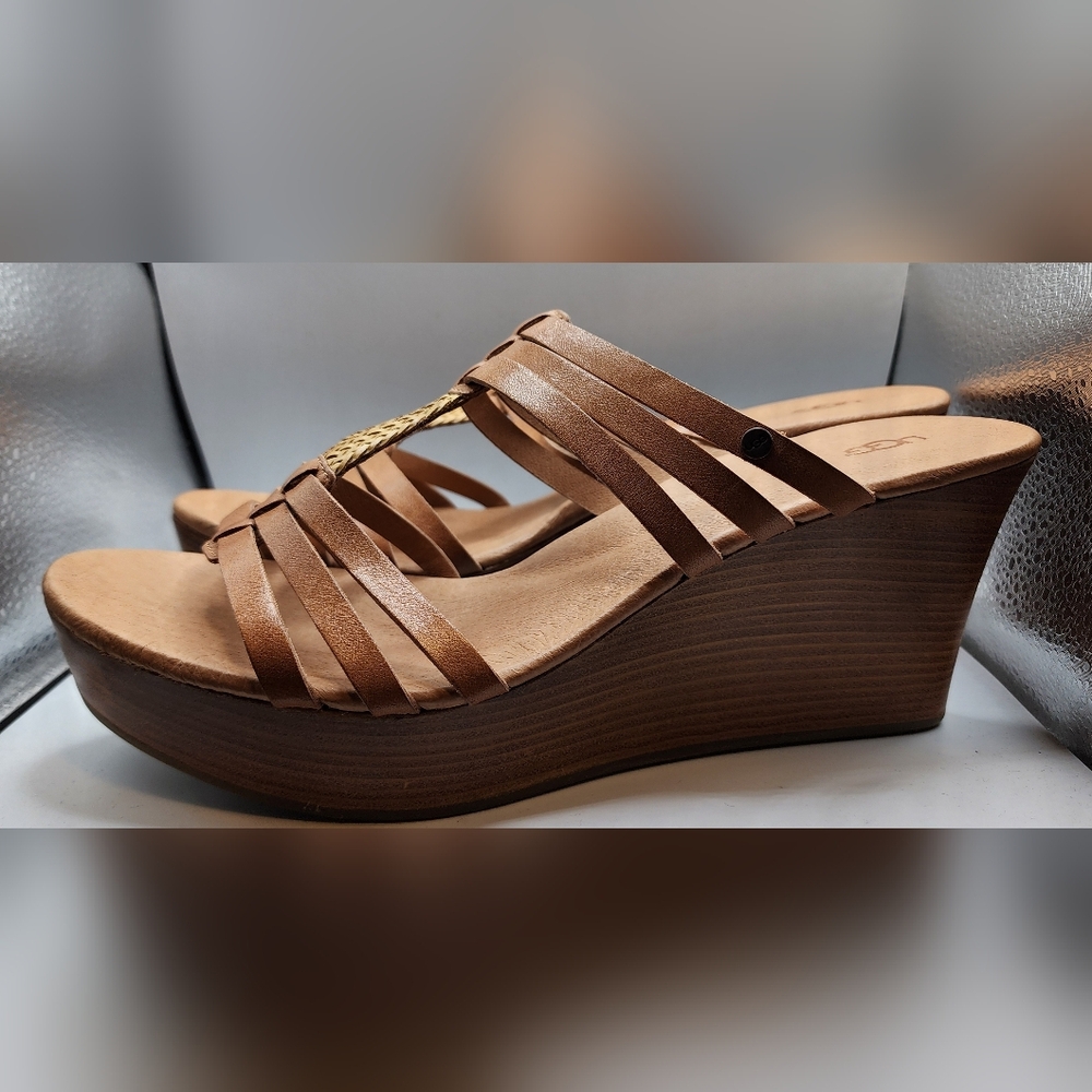 UGG W Mattie Sandals Leather Size 10 NIB New Tan Strappy 3" Wedge Heel Platform